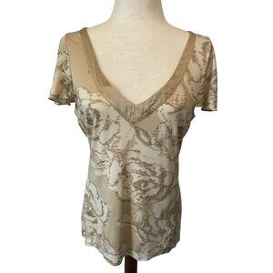 Banana Republic Silk Top Womens Large Neutral Floral Boho Blouse Flutter Sleeves